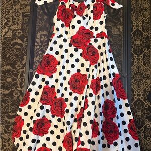 Elegant Strapless Red Floral and Polka Dot Dress